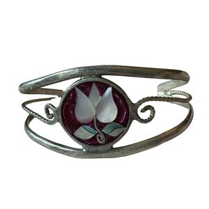 VINTAGE MEXICO ALPACA SILVER AND ABALONE FLORAL INLAY CUFF BRACELET